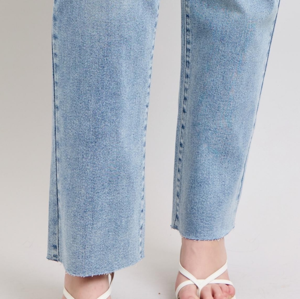 Judy Blue Mid-Rise Relax Dad Straight Leg Distressed Jeans Raw Hem Denim Pants - Picture 11 of 16